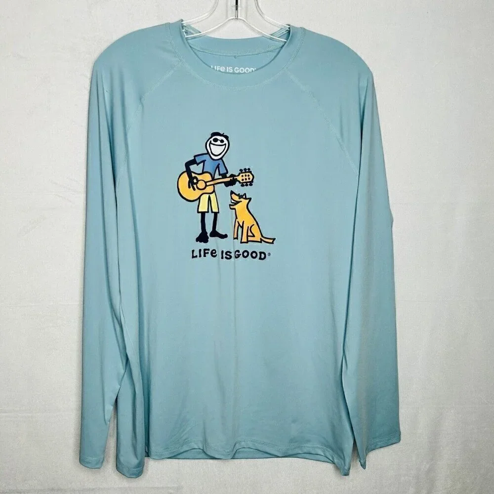 Life Is Good Men's Sz M Crewneck T-Shirt Long Sleeve Blue UPF 50 Stretch NWT NEW